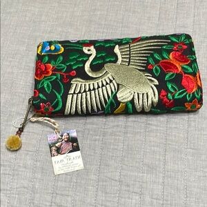Fair Trade Embroidered Wallet Handmade Thailand Crane Floral Accents Colorful
